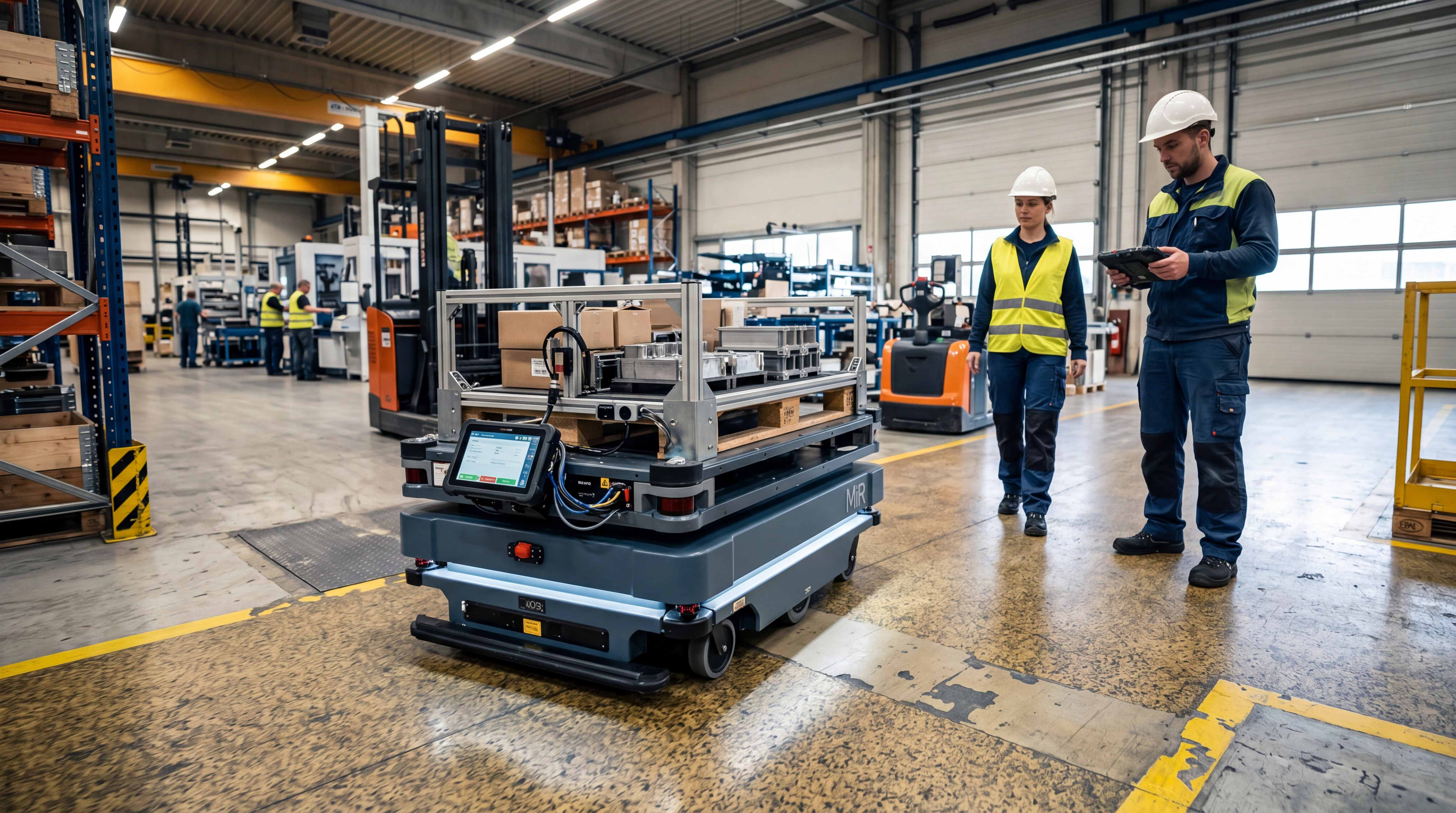 AMR mobile base carrying a loaded pallet in a real factory material handling environment